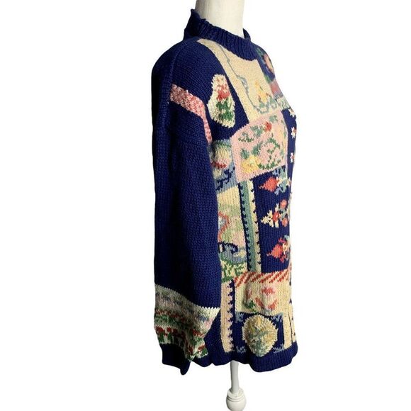 Vintage Embroidered Cable Knit Sweater S Blue Floral High Neck Granny Core - Picture 5 of 6